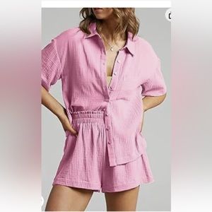 Kamidun Casual Set 2 Piece Outfits Button Down Shirt Top Paper Bag Shorts Size S